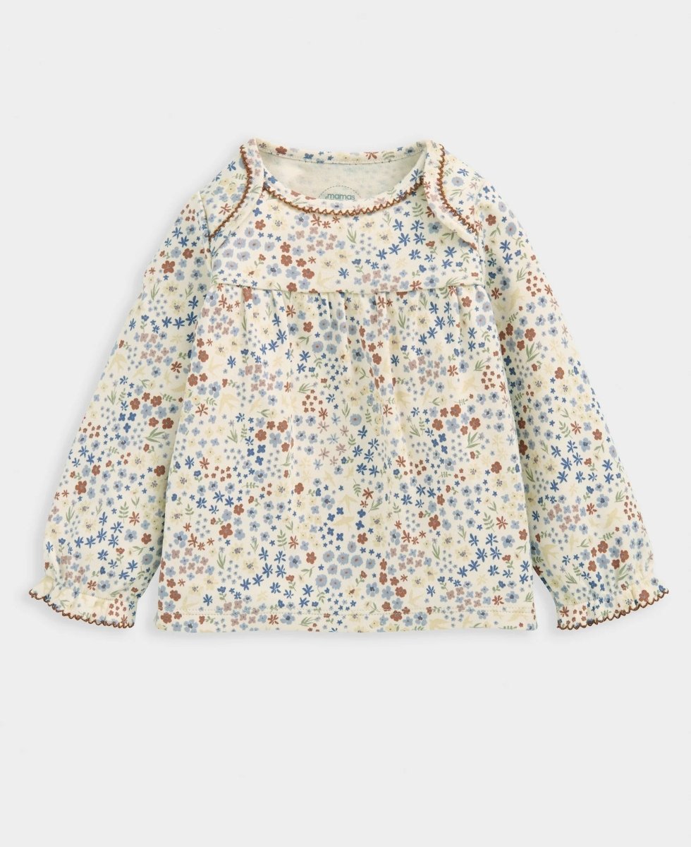Ditsy floral long-sleeve pajama top with gathered yoke and scalloped trim