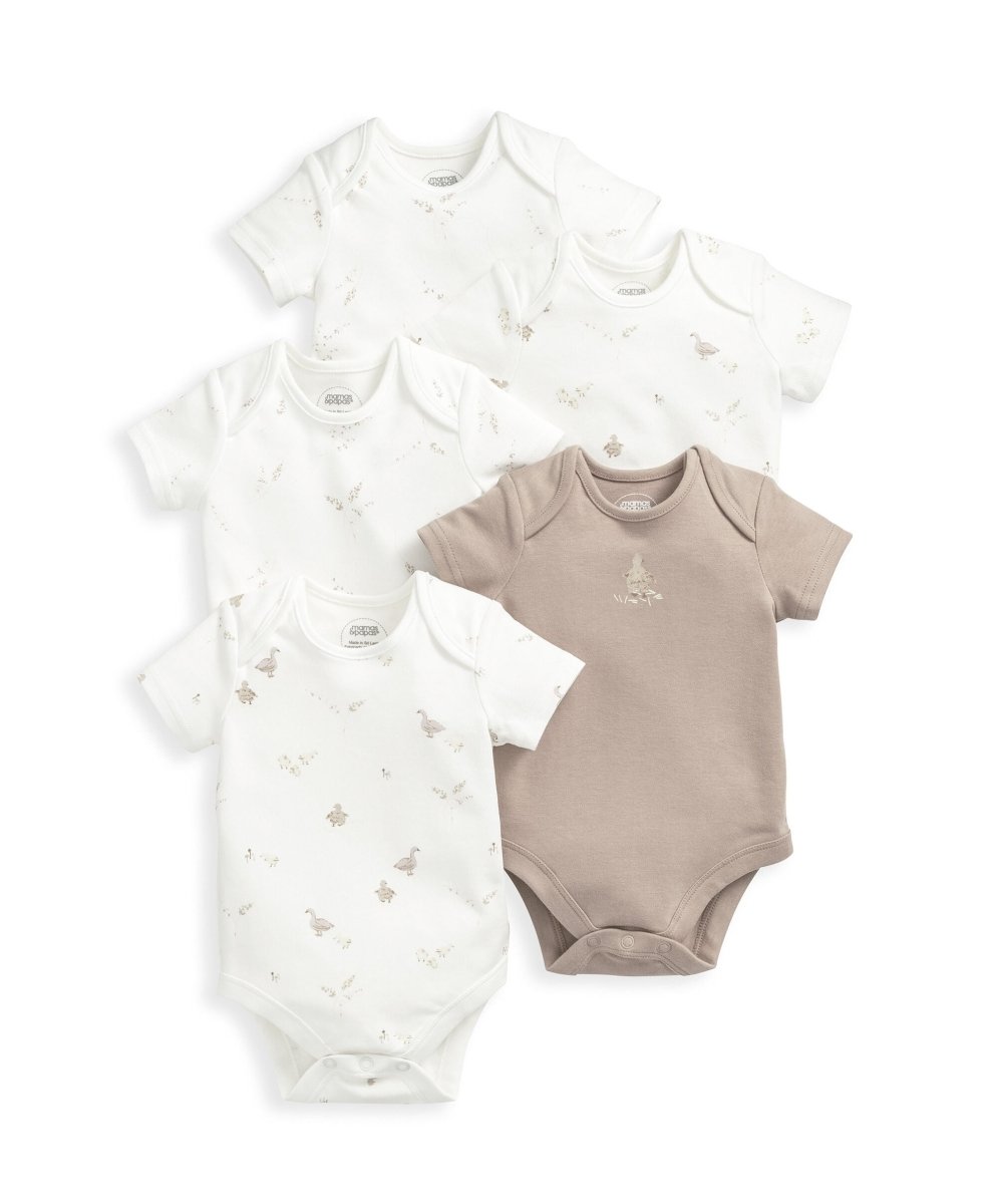 5-pack baby bodysuits laid out: white sets with tiny prints and one taupe bodysuit