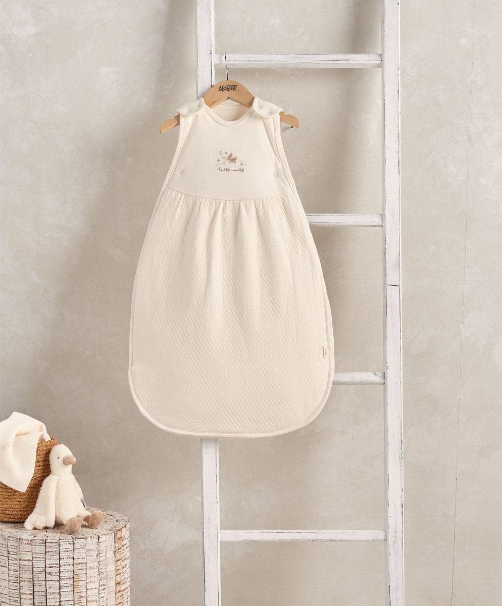 Cream baby sleeping bag 25 tog with duckling applique, sleeveless, 0-6 months