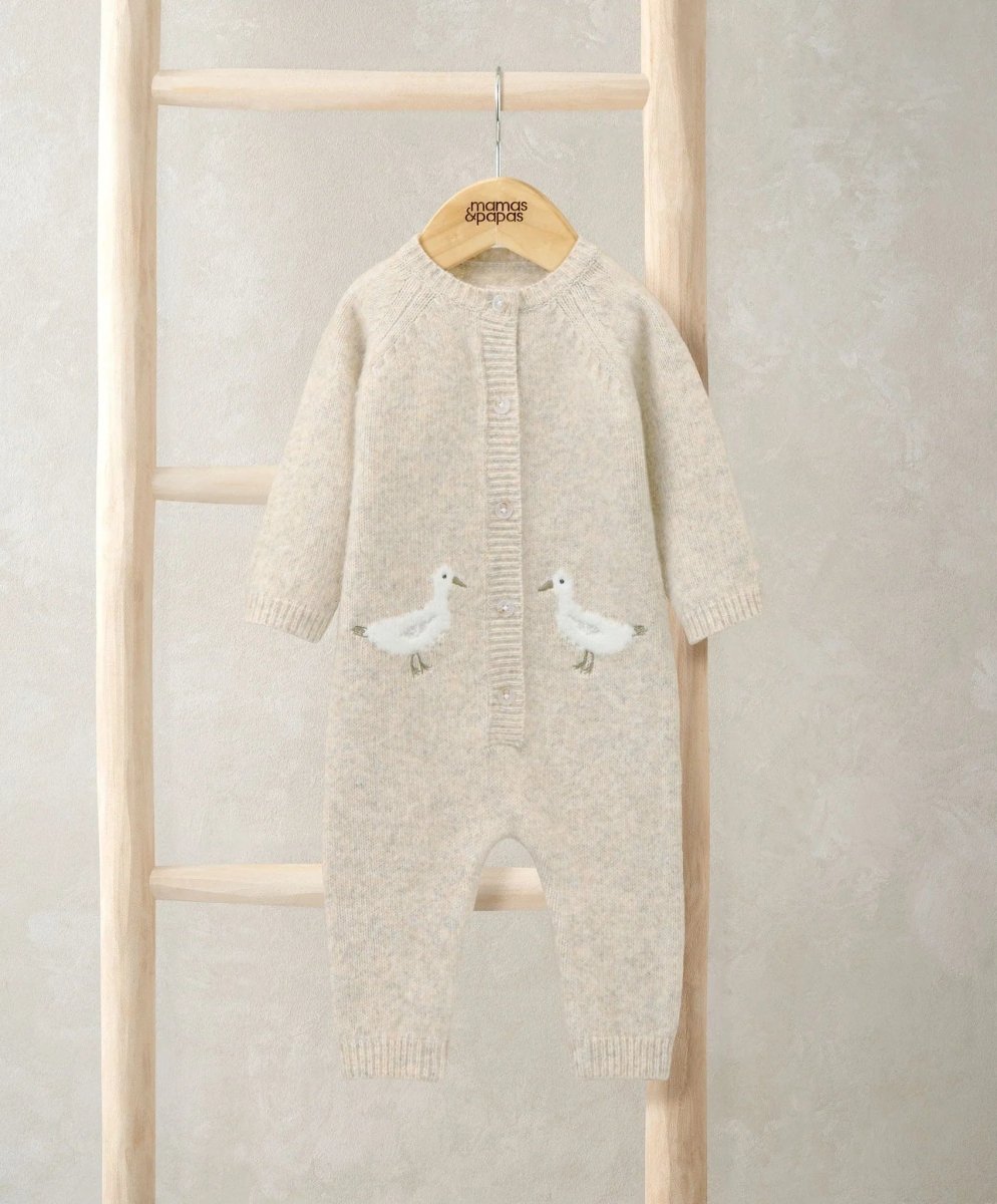 Oatmeal knit duck appliqué romper with long sleeves and button front