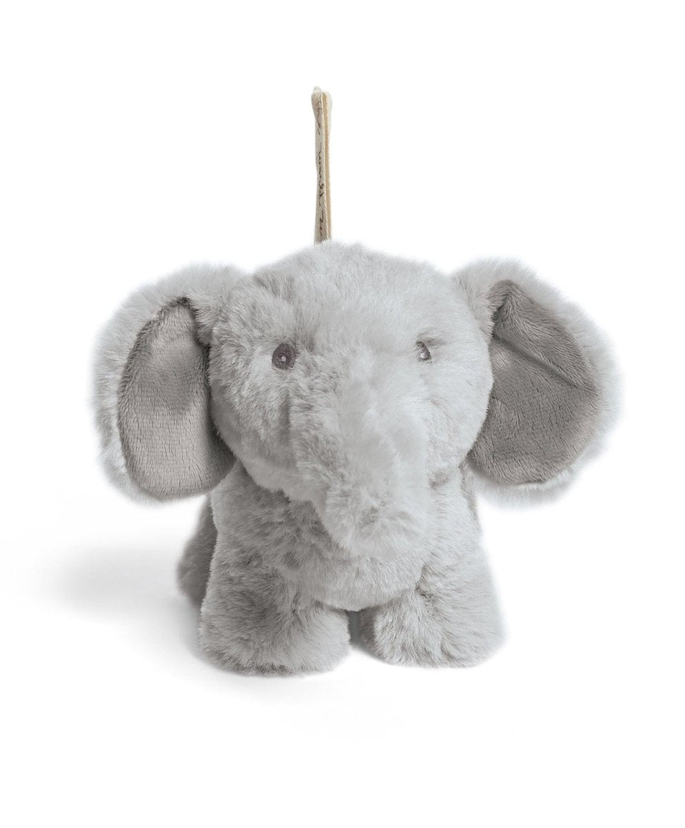Elephant plush chime toy with hanging string, gray soft fabric and ears