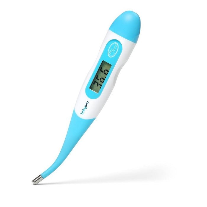 Electronic thermometer with flexible tip in blue and white, with LCD screen