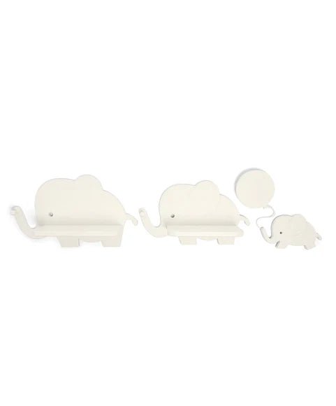 White elephant-shaped wall shelves with elephant nightlight and round light disc