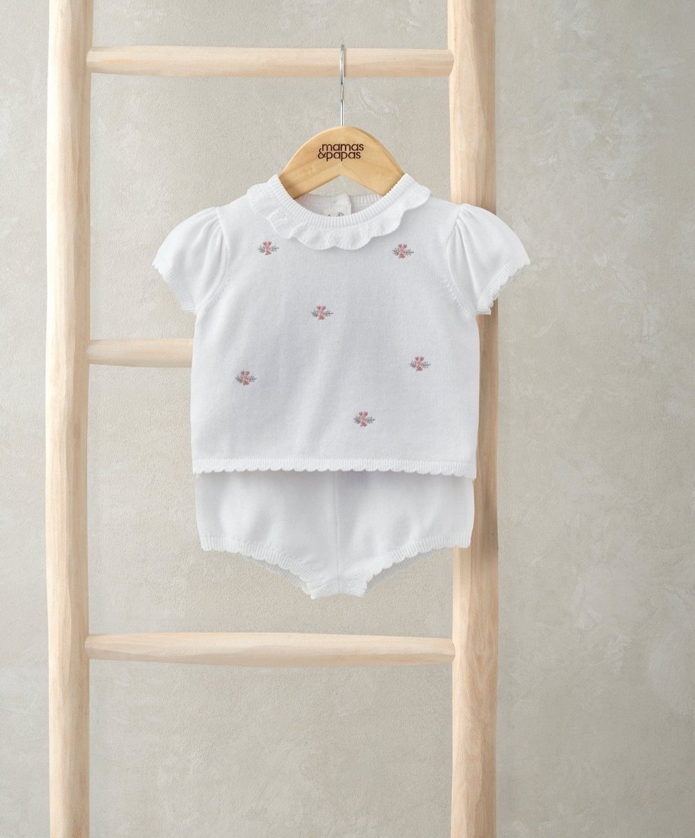 White embroidered knit top and shorts set, cap sleeves with small floral embroidery