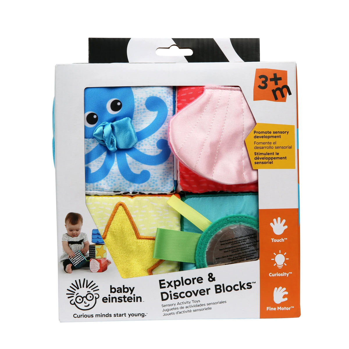 Explore & Discover soft blocks toy box with fabric cube illustrations and '3+ m' badge
