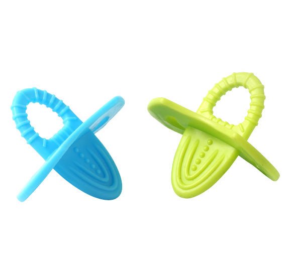 Baby teether toys: blue and green ring handles with textured chewing grips