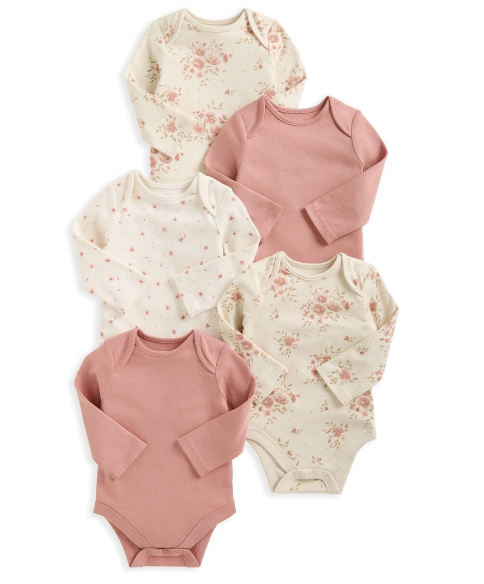 Floral long-sleeve bodysuit set, five-pack in cream and dusty pink tones
