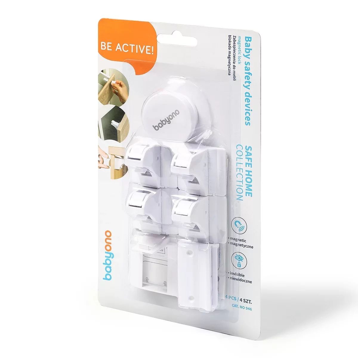 Magnetic furniture lock in retail blister pack, white units, orange 'BE ACTIVE!' label