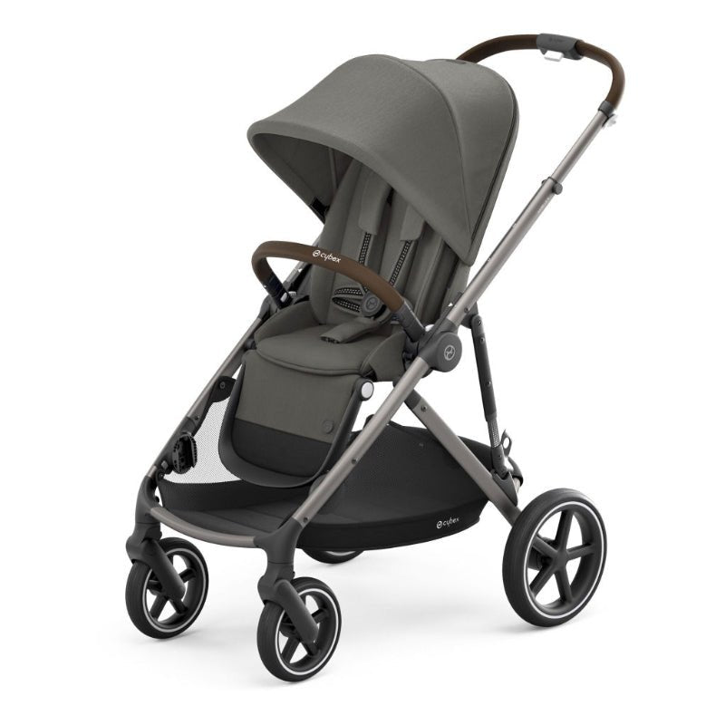 Grey stroller with padded seat, hood, and five-point harness, front swivel wheels