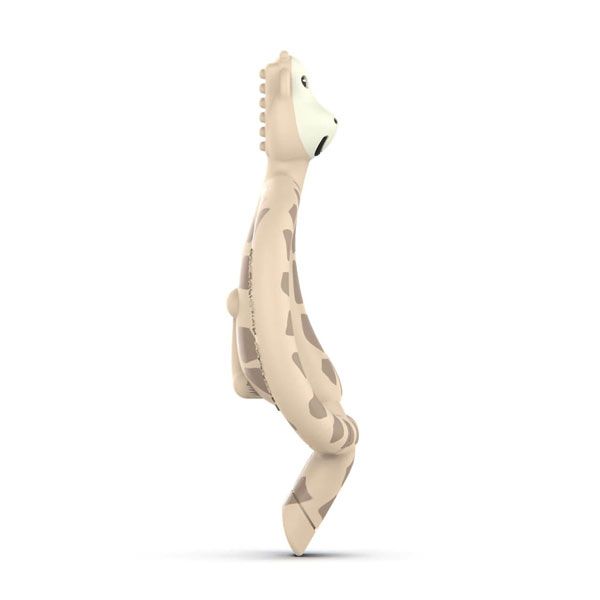 Giraffe anti-microbial teether three-quarter view, tan with dark spots, neck and legs visible.
