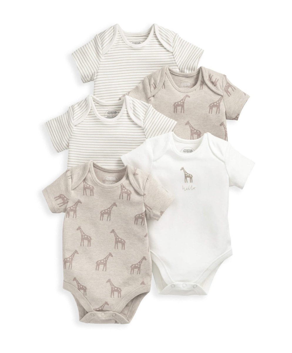 5-pack baby giraffe bodysuits in white, gray, and striped patterns with giraffe graphics