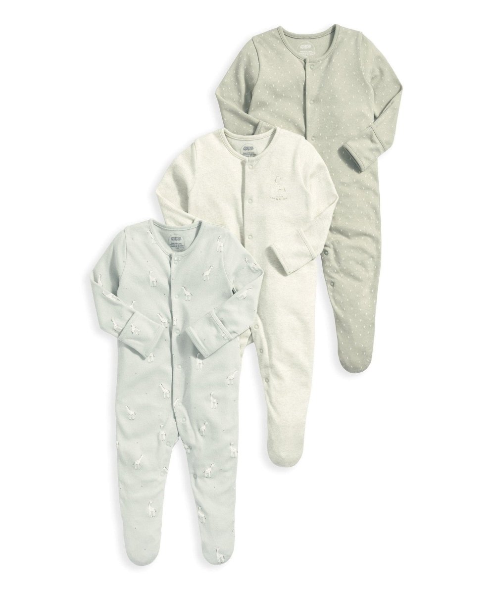 3-pack baby sleepsuits with long sleeves and zip fronts, spot print in light grey and cream