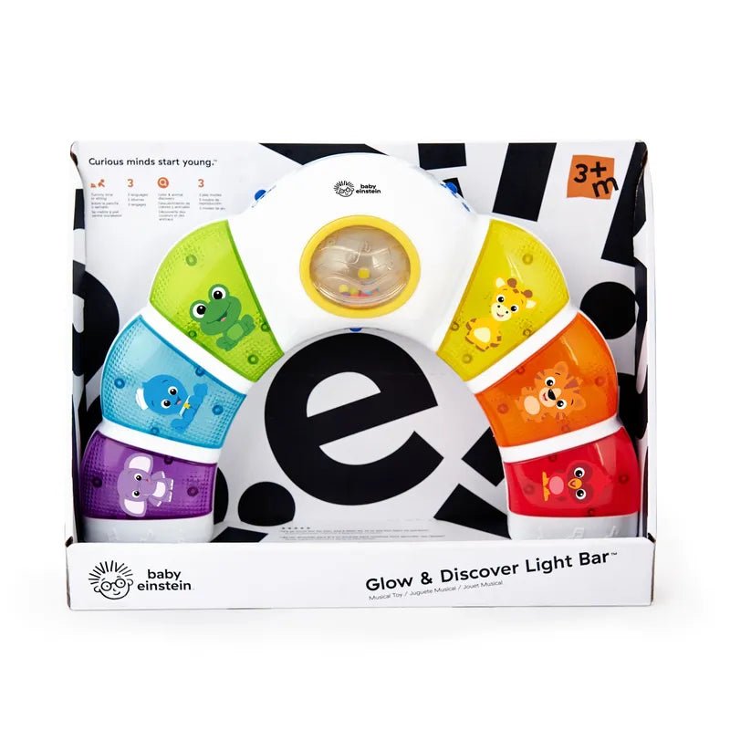 Tummy time light bar toy in multicolor fabric with circular light window, boxed