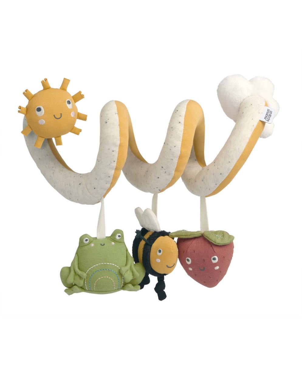 Travel spiral activity toy with sun head and hanging frog, bee, and strawberry plush