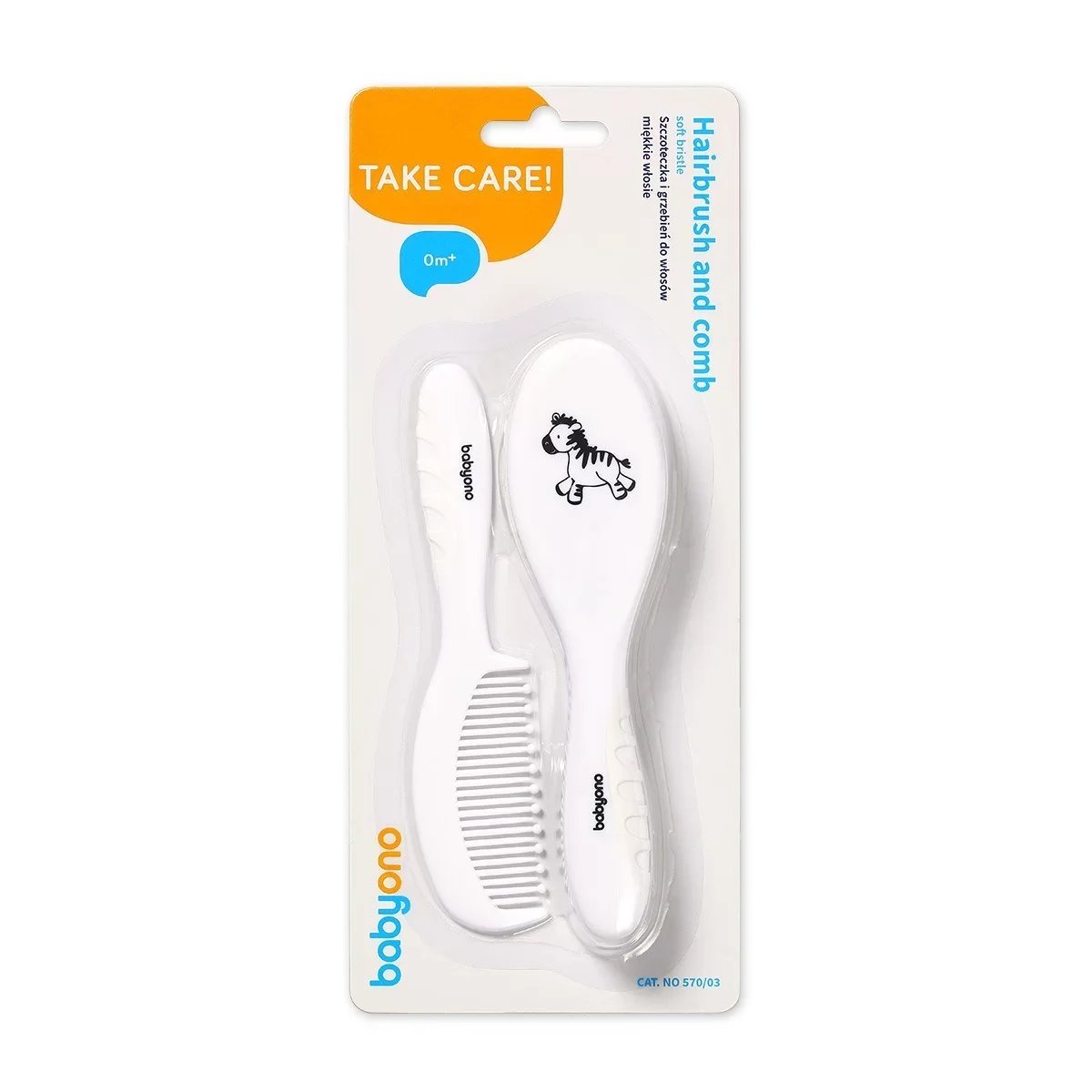 Hairbrush and comb set in retail blister package, white brush and comb