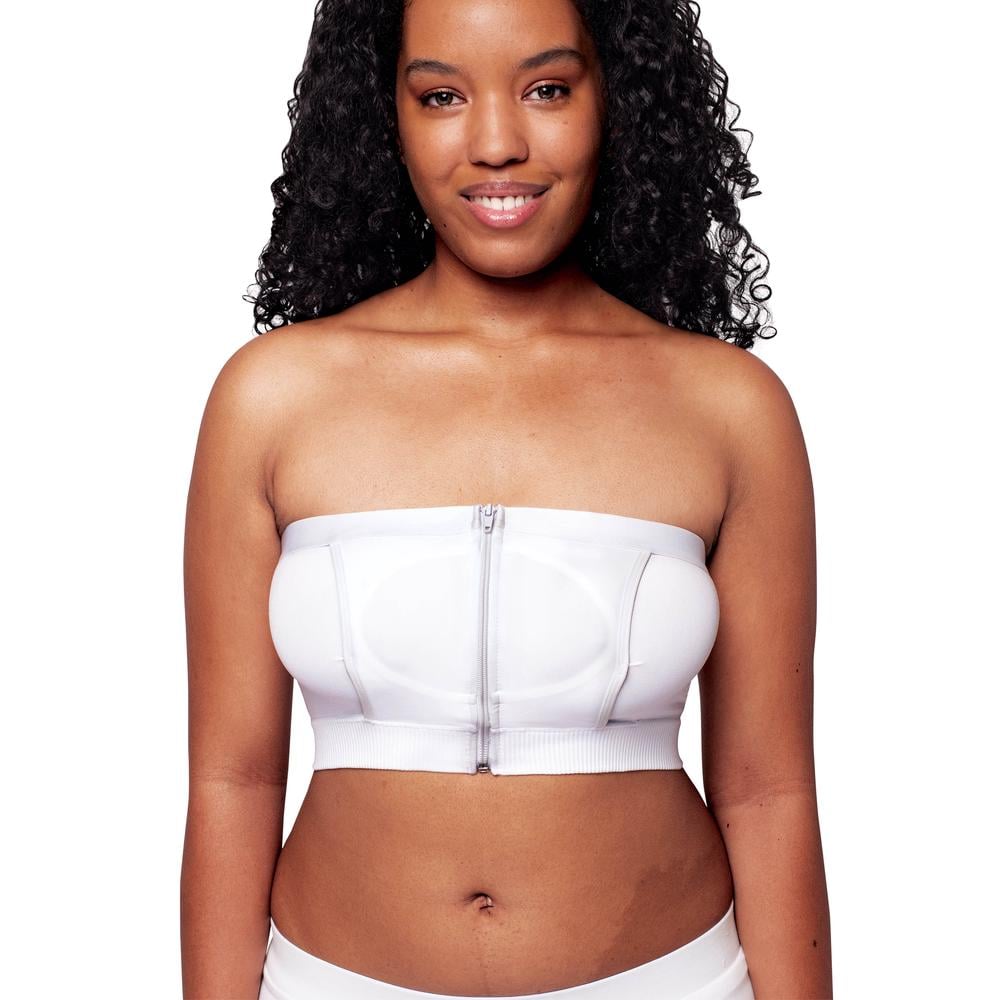 White hands-free pumping bustier with center zip and ribbed underband