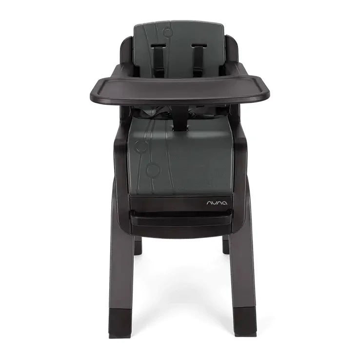 High chair front view with black tray, molded seat, and four sturdy legs
