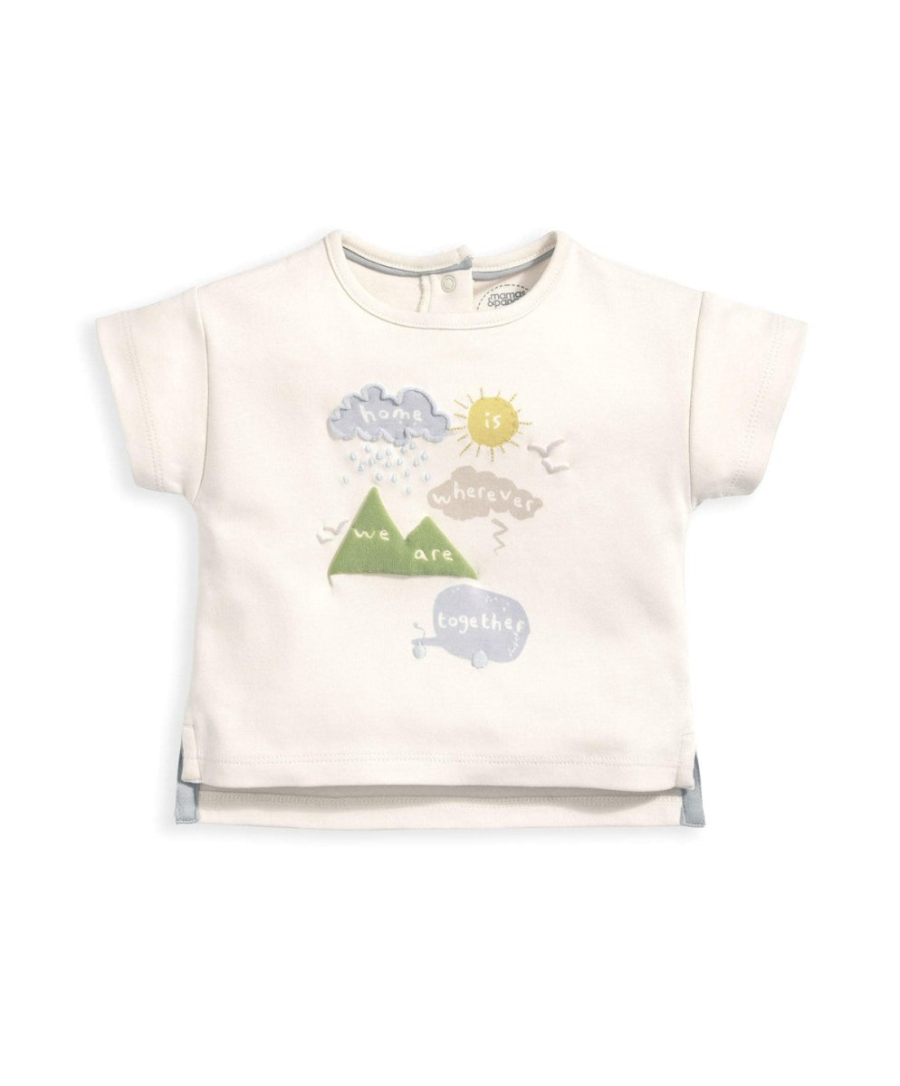 Cream short-sleeve T-shirt with layered cloud, sun, and mountain graphic