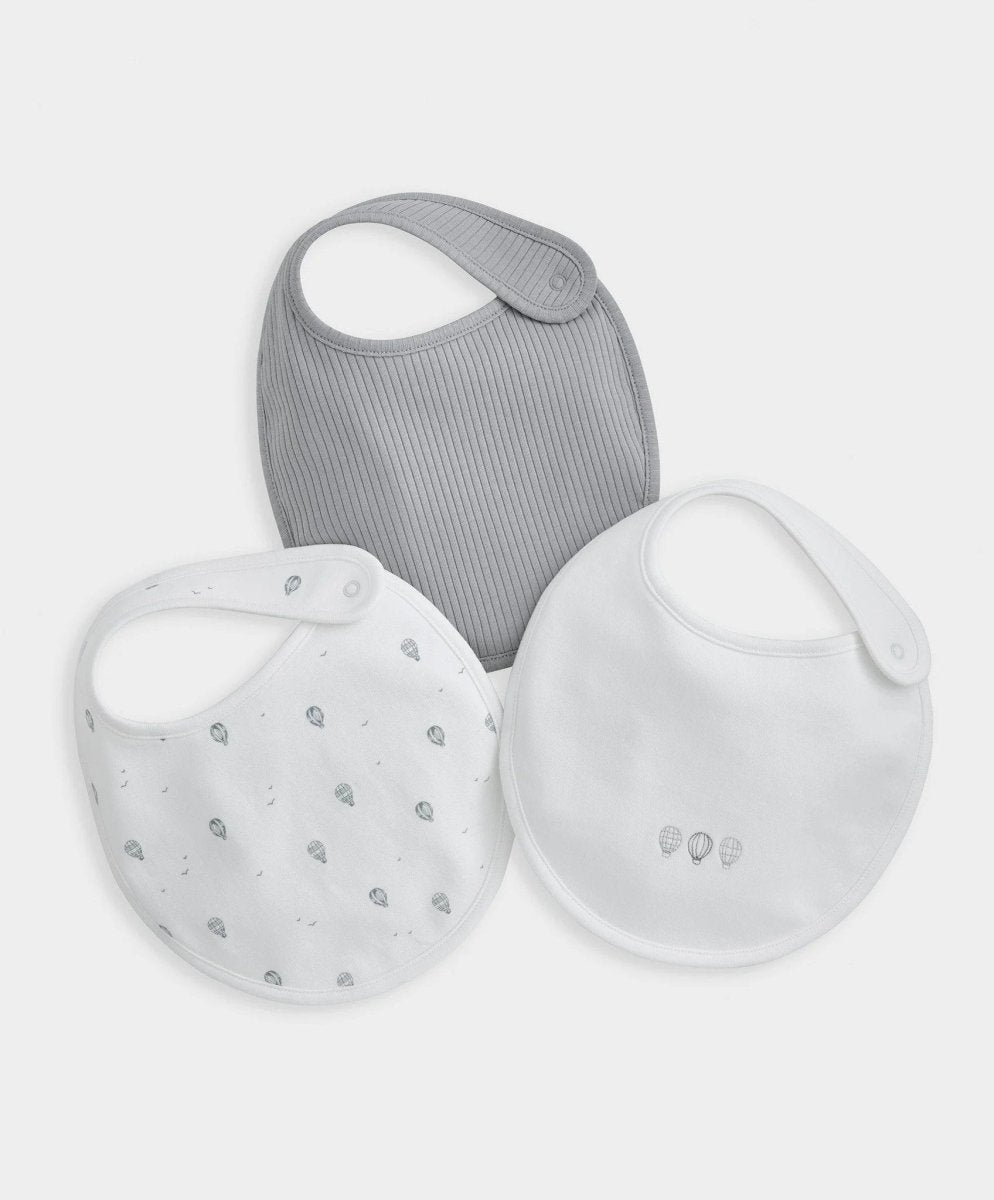 Set of 3 baby bibs with balloon-style prints, gray and white terry styles