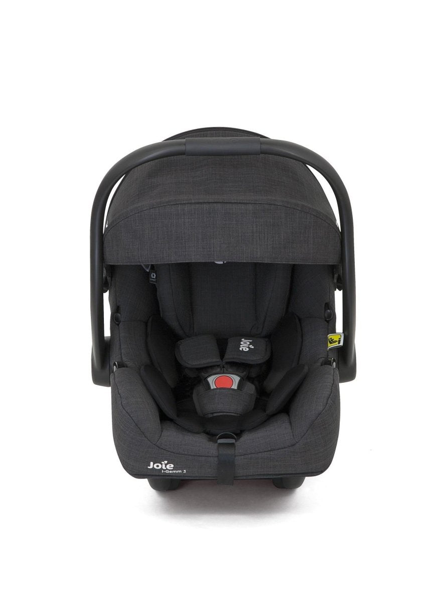 Joie dark gray infant car seat in front view with padded canopy and harness