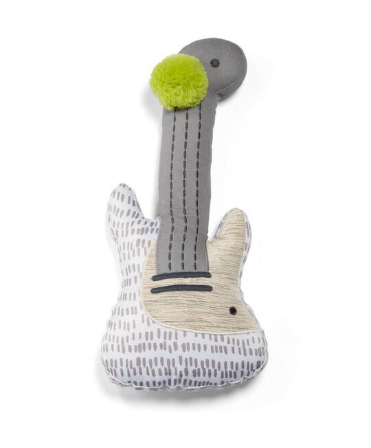 Plush musical guitar activity toy with green fuzzy pick and stitched strings