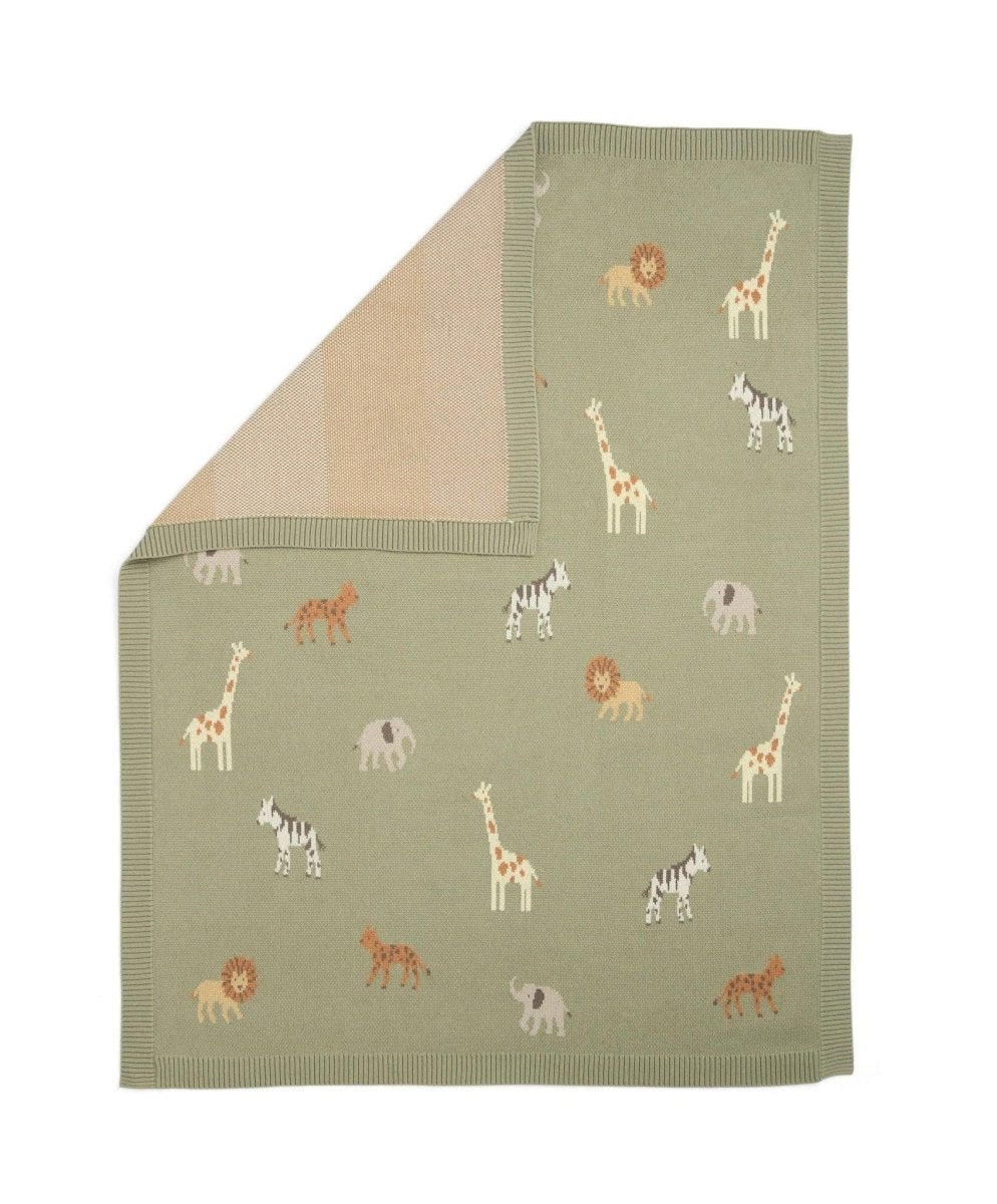 Folded sage green knitted blanket with repeating safari animals and textured knit edge