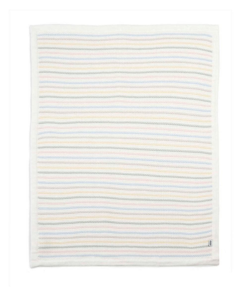 Soft pastel knitted blanket with horizontal ribbed stripes, folded edge