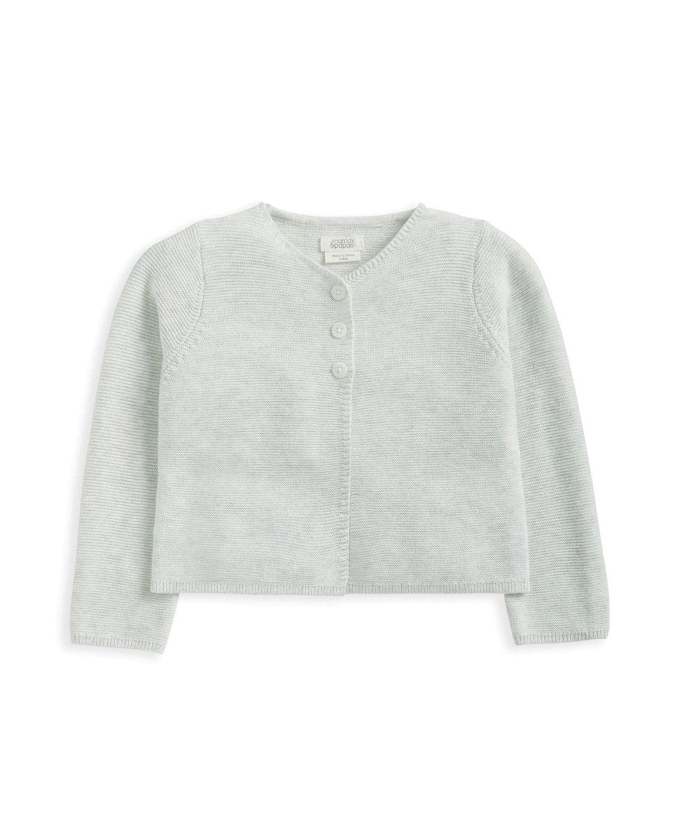Light grey knit cardigan, snap-button front, long sleeves, ribbed edges