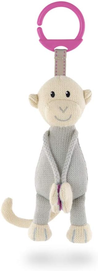 Knitted hanging monkey toy, beige face and body with pink loop handle