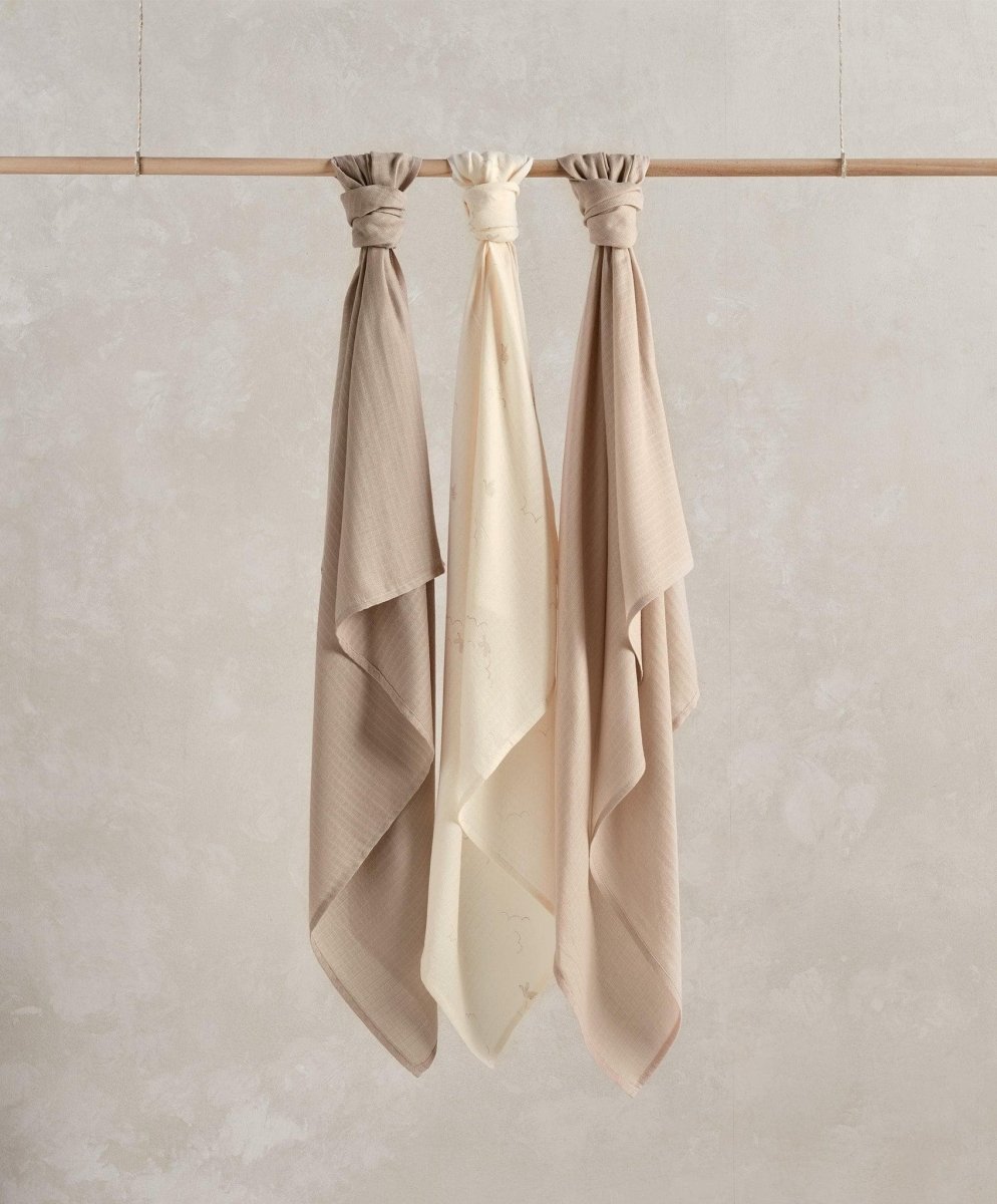Muslin squares set of three, cream and tan with stitched edges, tied at top