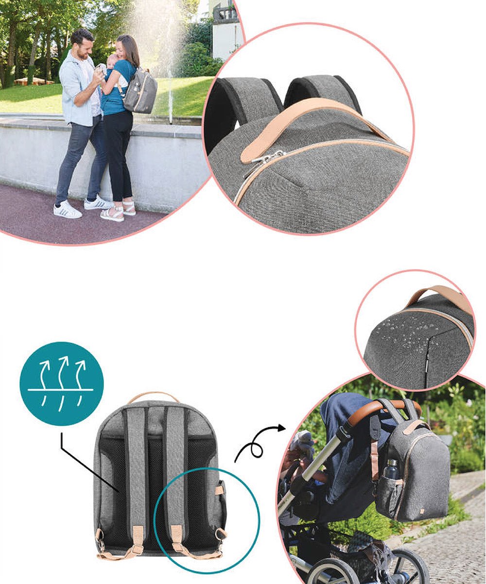 Grey changing bag with tan trim, zip compartments, and fabric texture detail