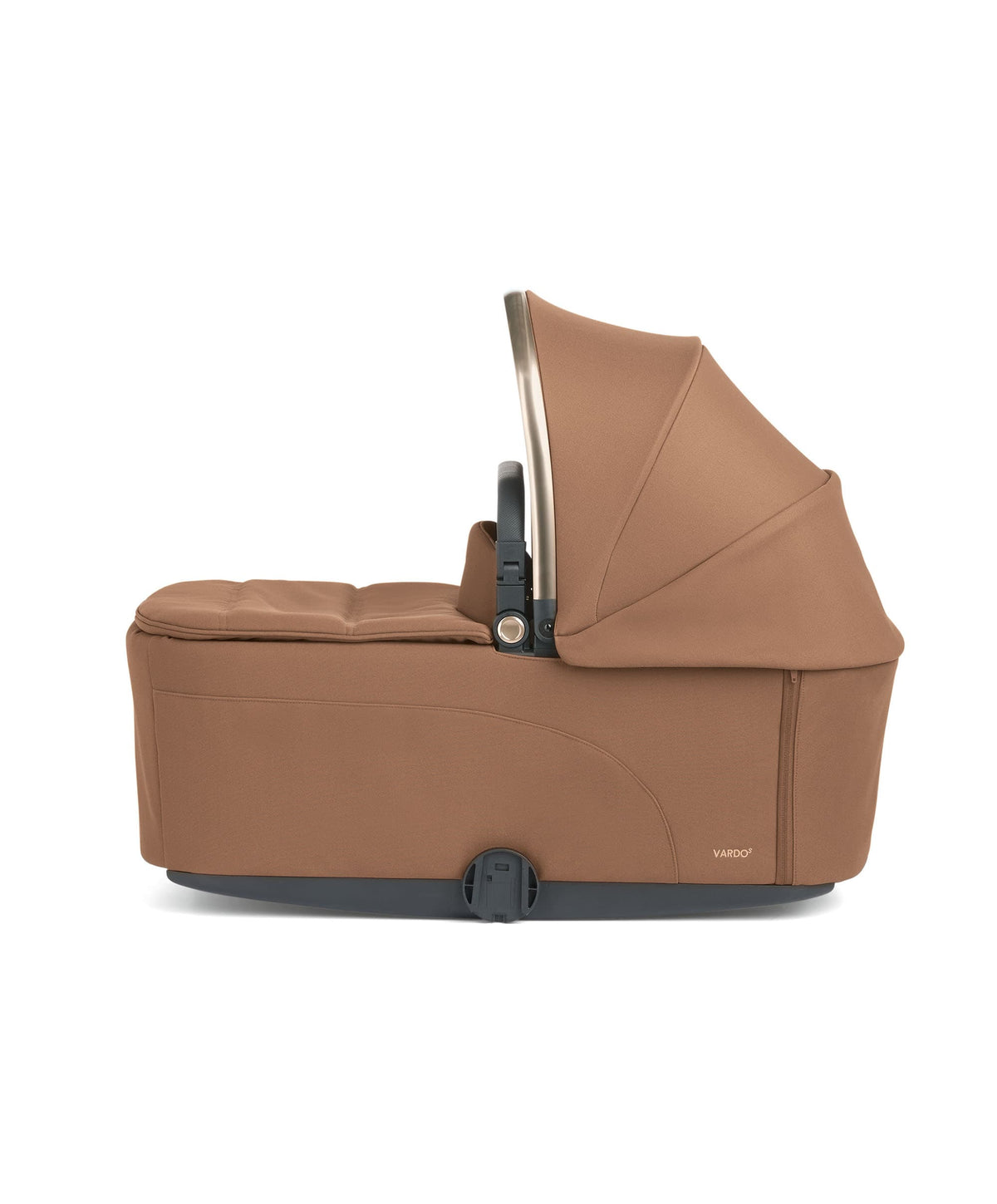 Tan carrycot with raised canopy and padded mattress, front panel and handle.