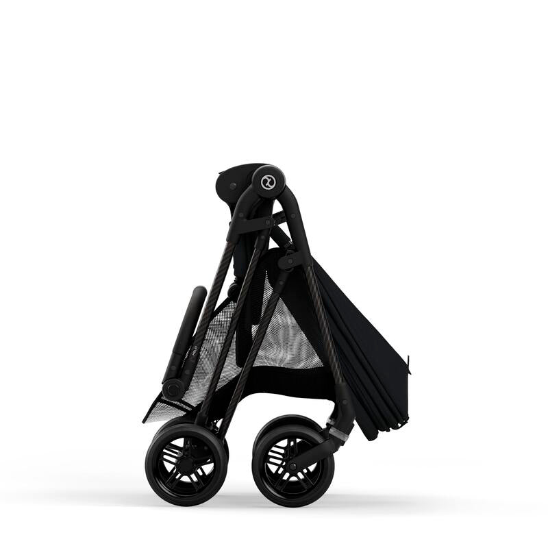 Folded stroller with canopy and compact four-wheel frame