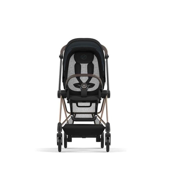 Onyx black stroller with dark canopy and padded seat, front view
