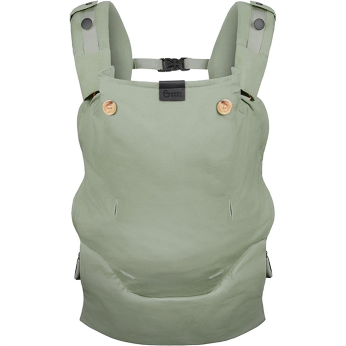 Sage green newborn baby carrier front view with padded shoulder sections