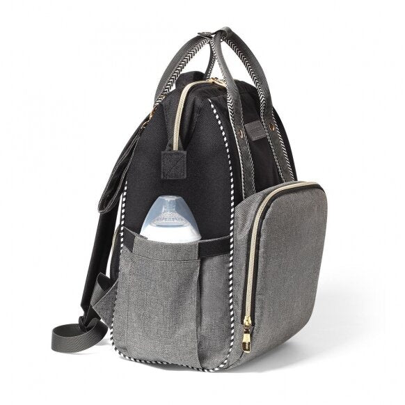 Black mummy backpack with side pockets and bottle holder, gray panels