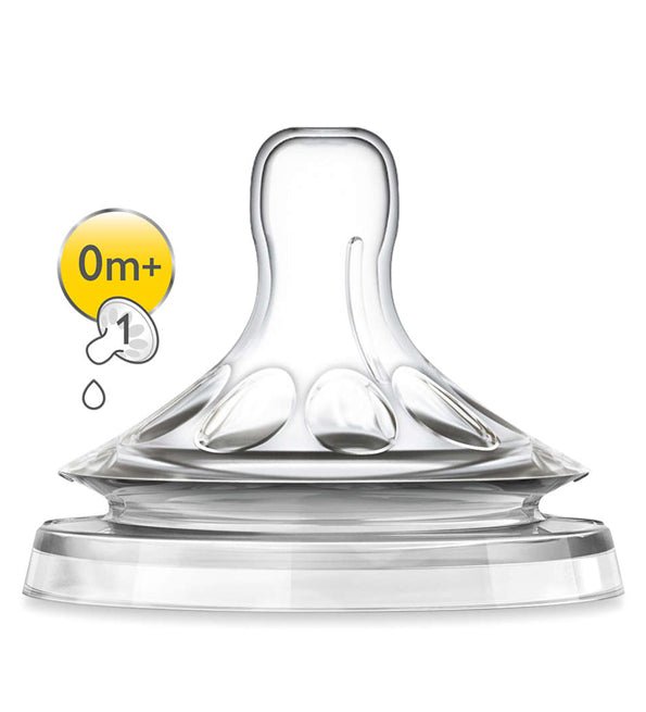 Clear silicone baby bottle nipple with 0m+ marking
