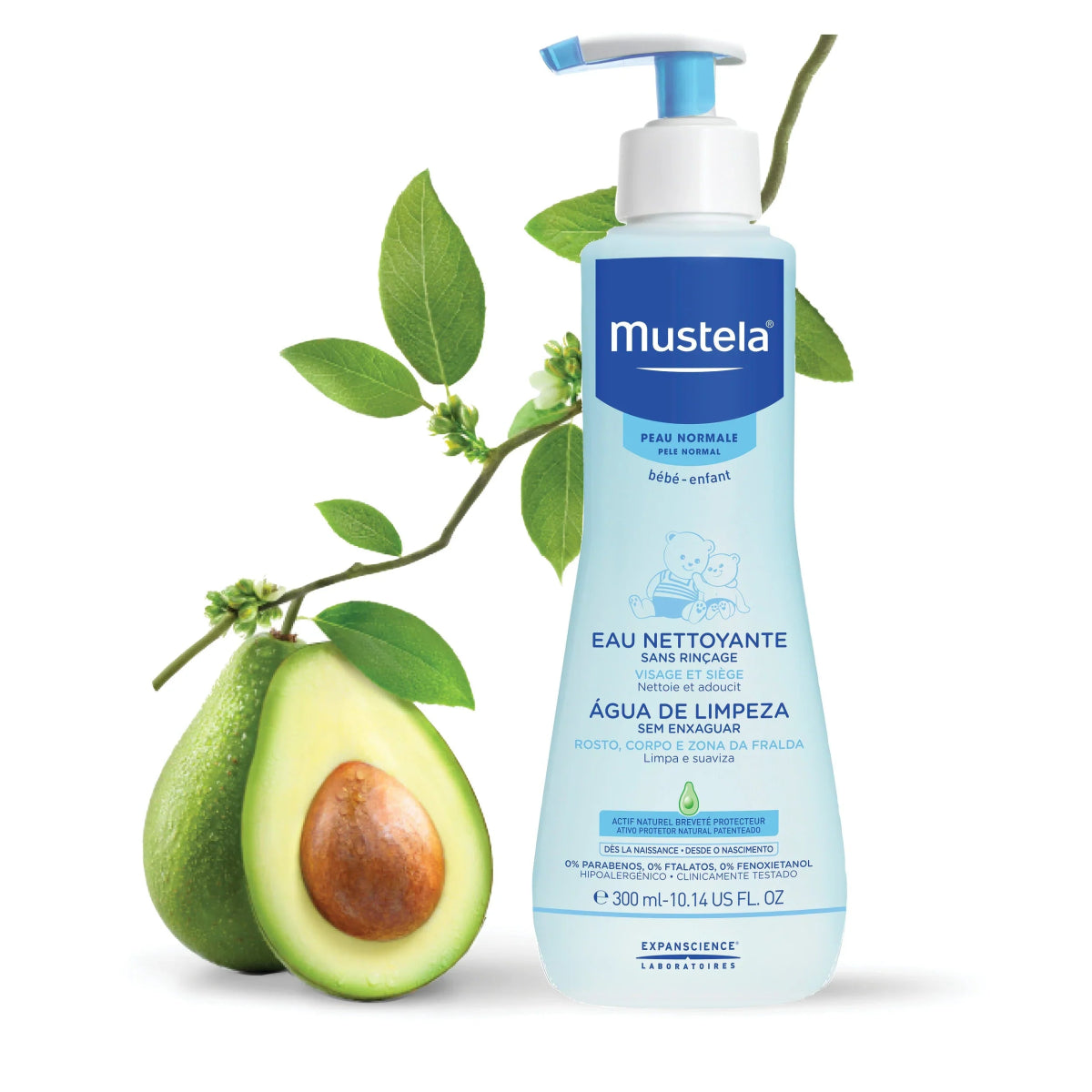 Mustela no-rinse cleansing water bottle with pump, for face and diaper area, 300ml