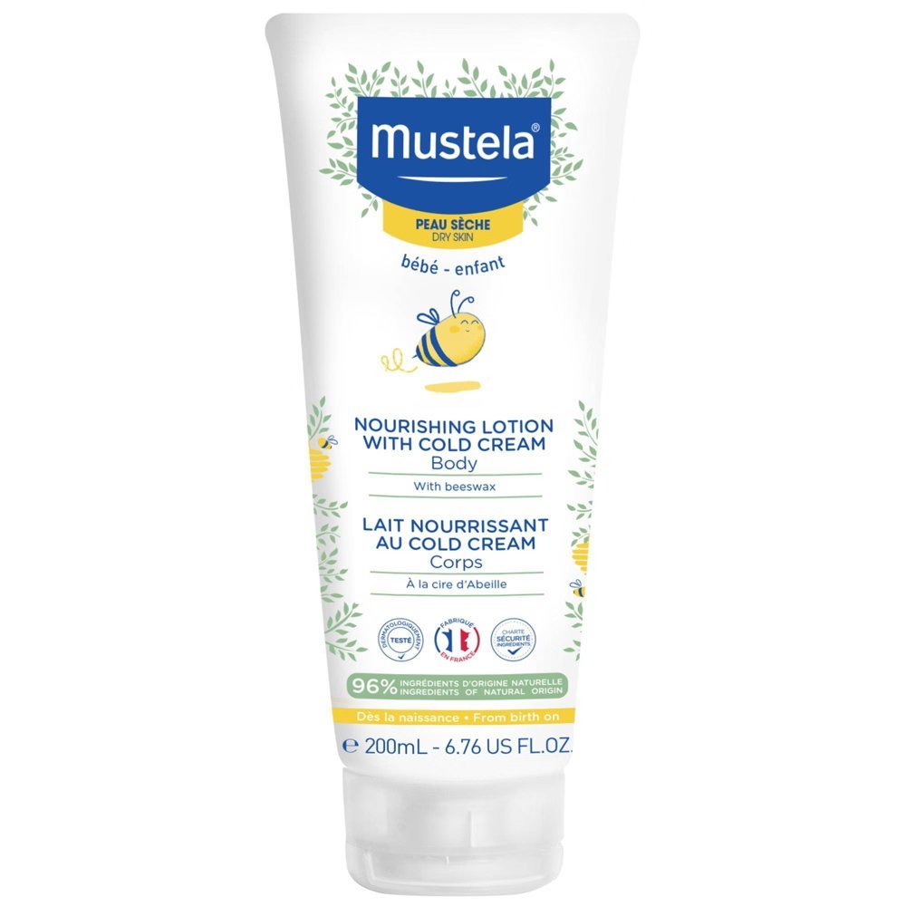 Mustela nourishing lotion with cold cream 200 ml tube, white with blue label