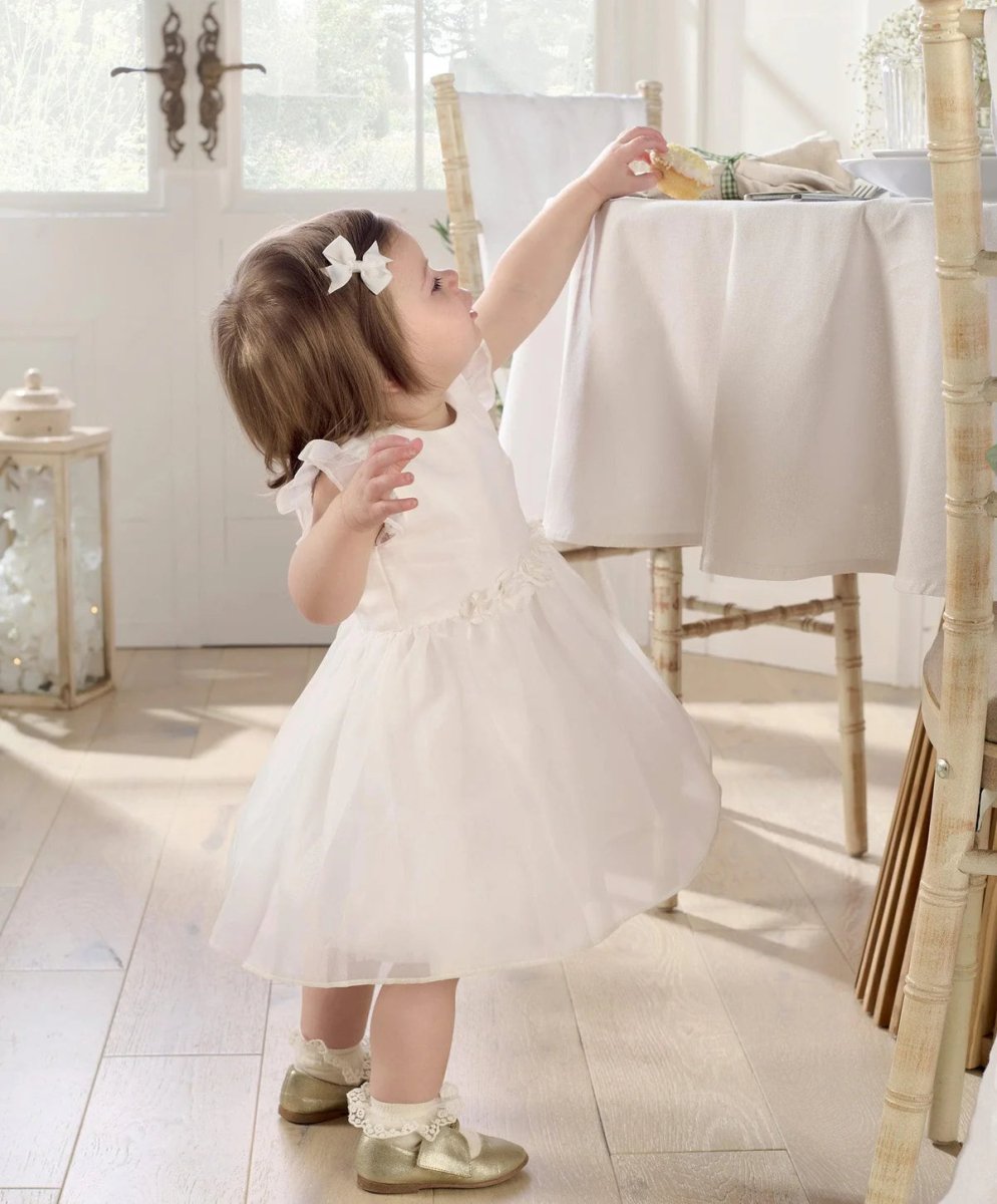 White organza flower dress with back bow and layered tulle skirt