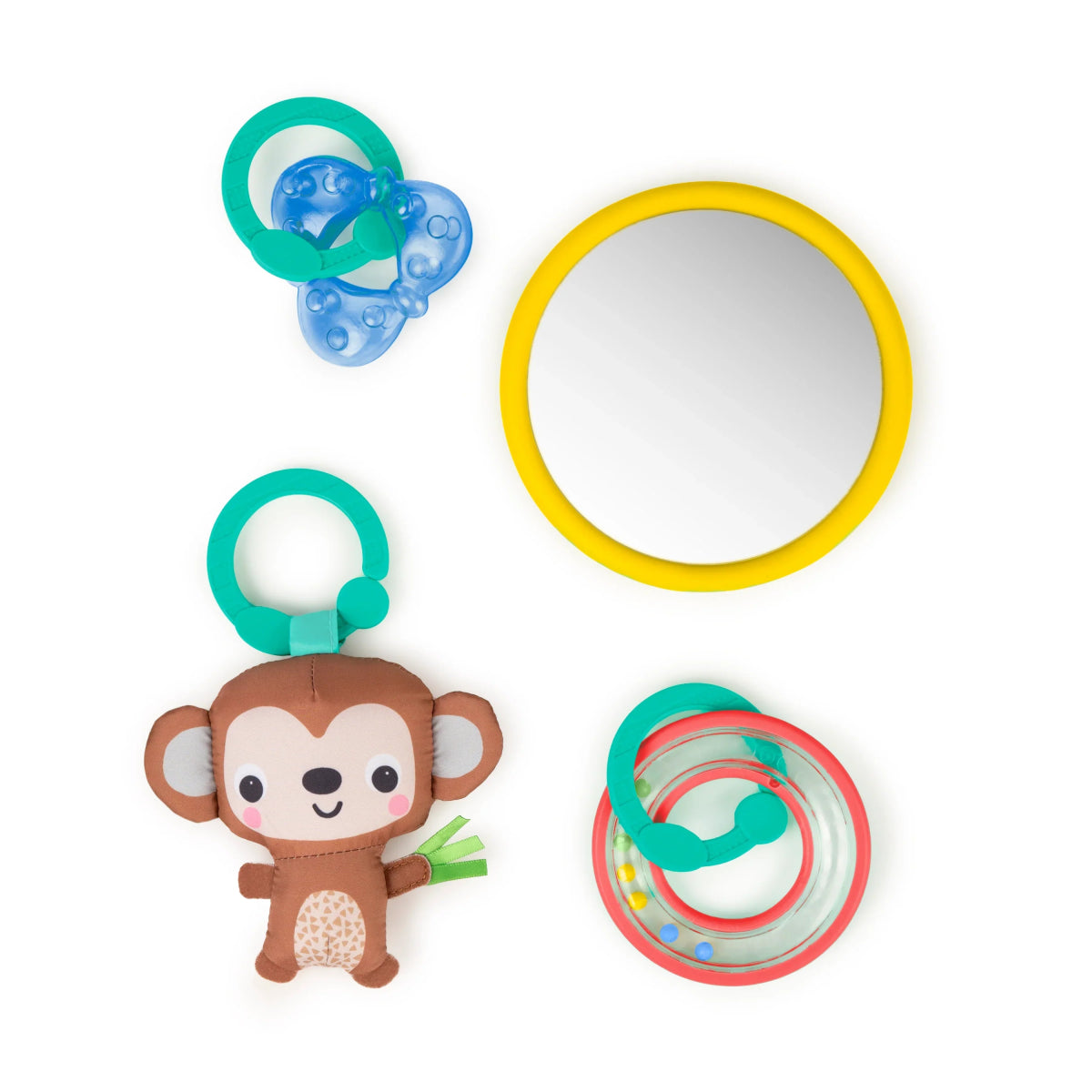 Hanging activity toy set: monkey plush, blue ring, yellow mirror, and spiral rattle