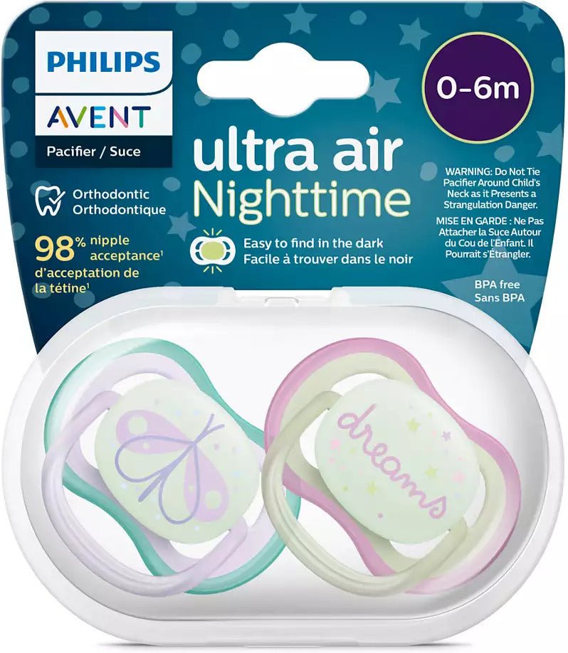 Philips Avent Ultra Air Nighttime pacifier set, 0–6 months, butterfly and dreams