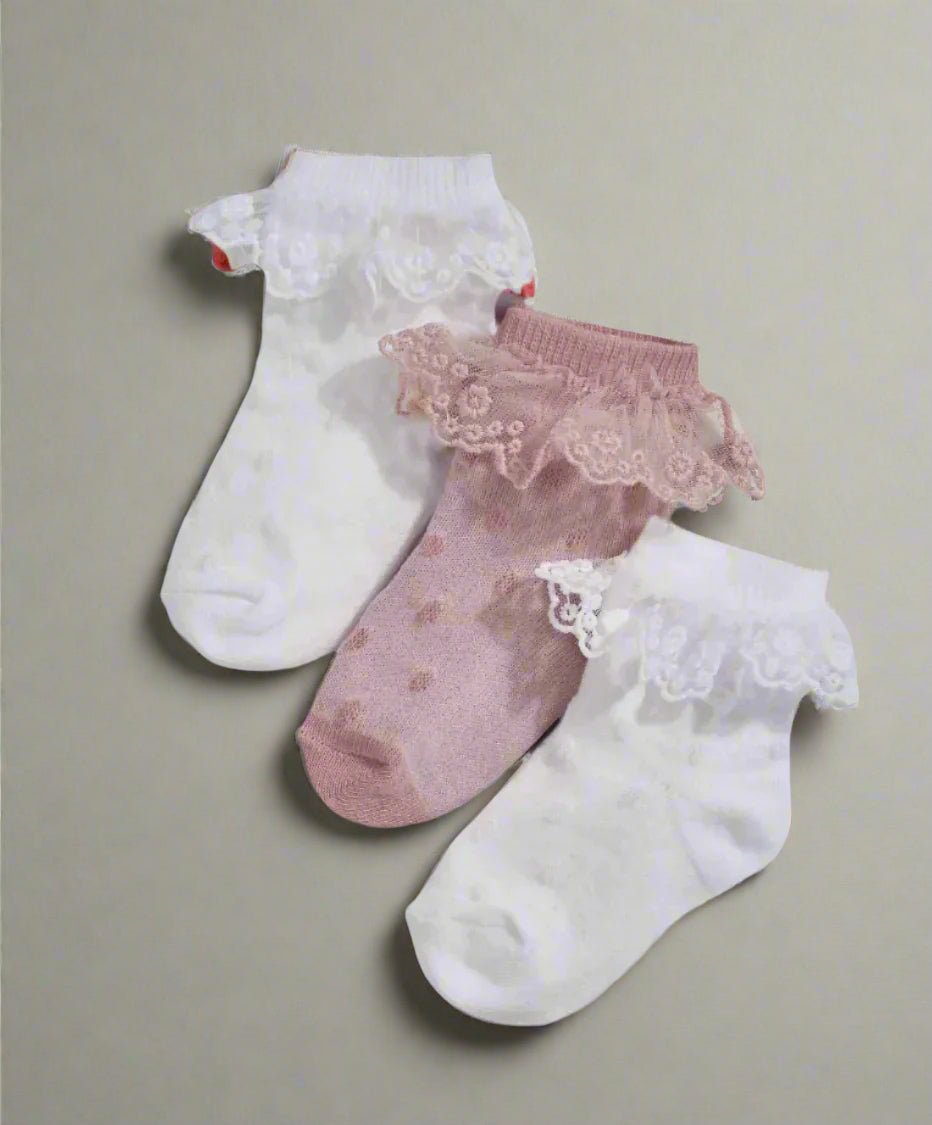 Frill lace socks set of three: pink and white ankle socks with ruffled cuffs