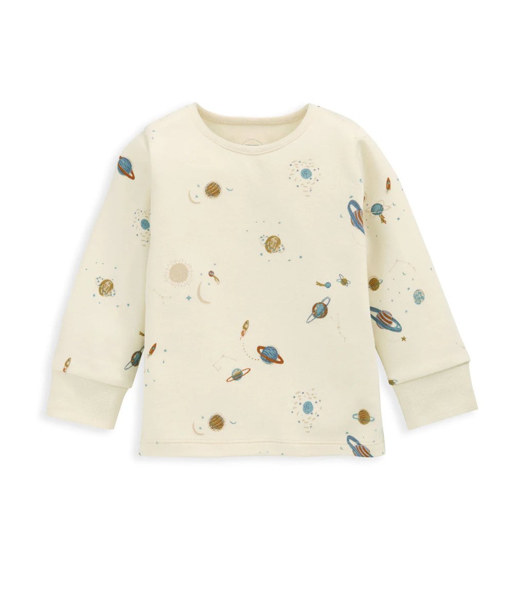 Cream planet-print long-sleeve pajama top with round neck