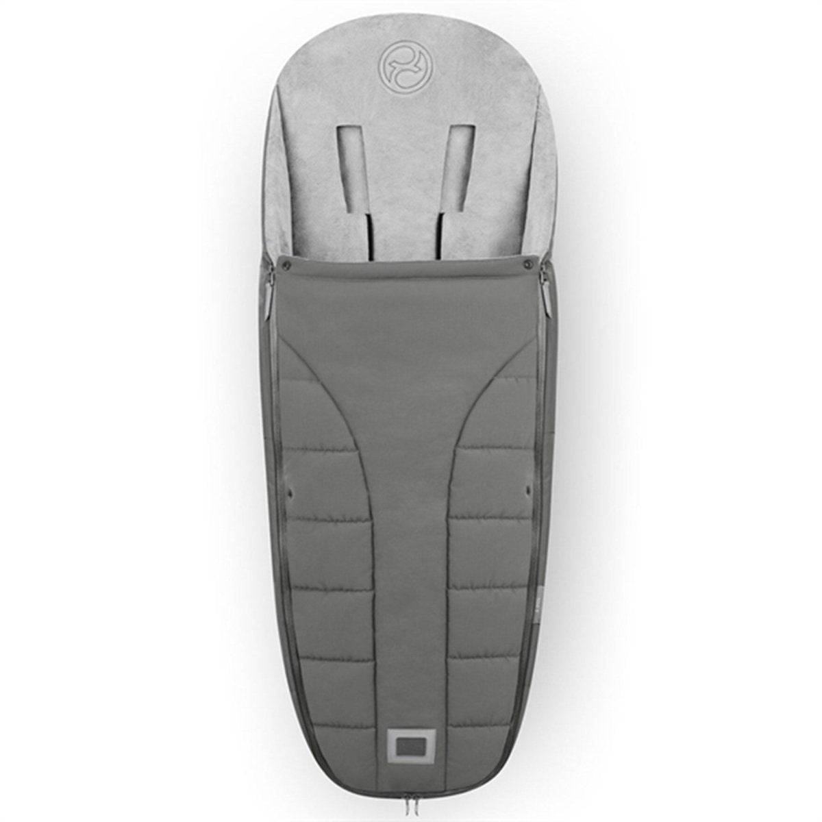 Grey quilted stroller footmuff with front flap and logo patch