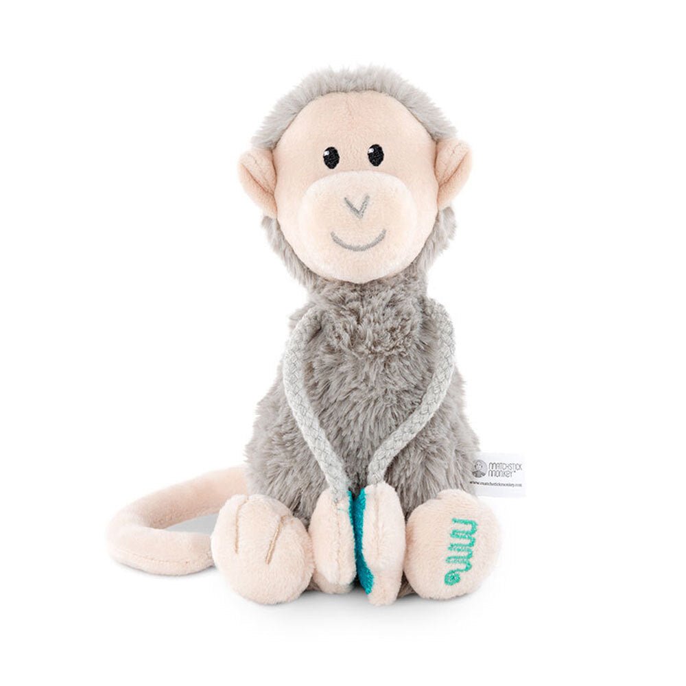 Small plush monkey with gray fur, cream face, embroidered eyes and smile, teal hands