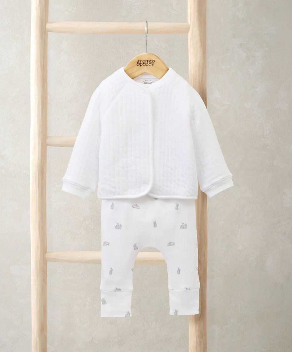 3-piece baby outfit set: white quilted jacket and bunny-print pants
