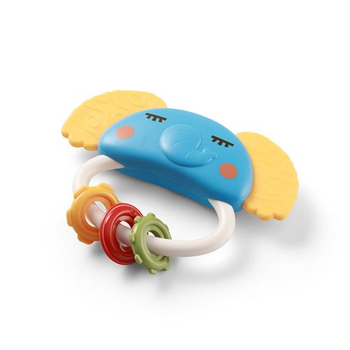 Elephant rattle toy with blue body, yellow ears, and linked red and green rings