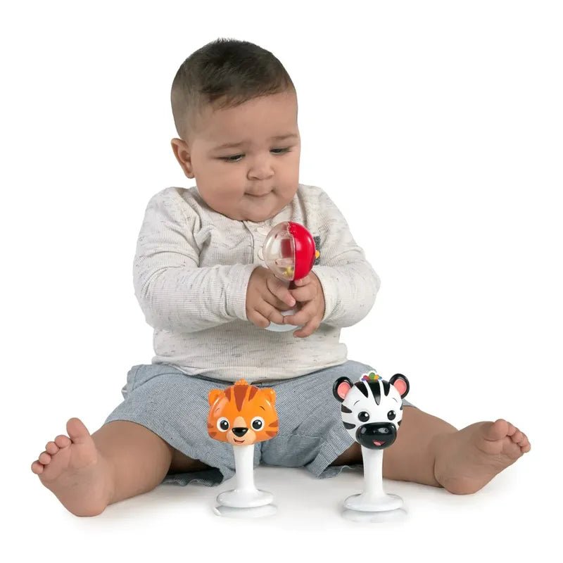 Baby holding a red animal rattle; tiger and zebra dog rattles on white bases