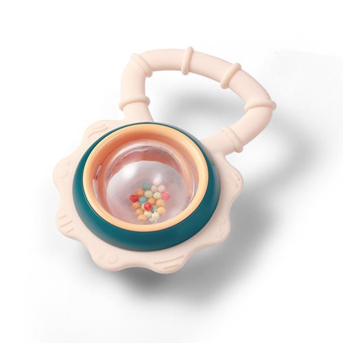 Pink baby teether rattle with teal ring and clear center bead sphere